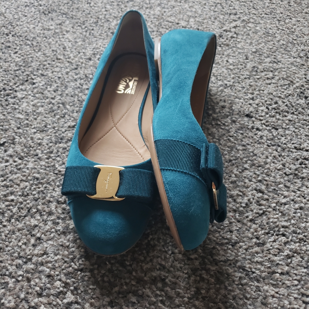 Salvatore Ferragamo Teal Suede Flats with Gold Accent